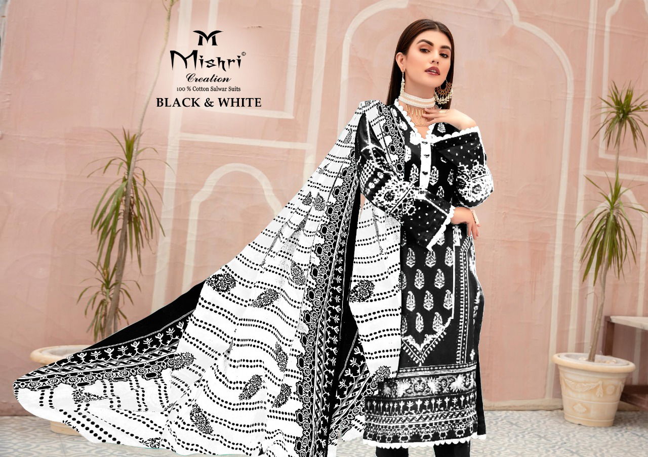 Mishri Black White Lalest Fancy Designer Black And White Heavy Cotton Print Karachi Dress Material